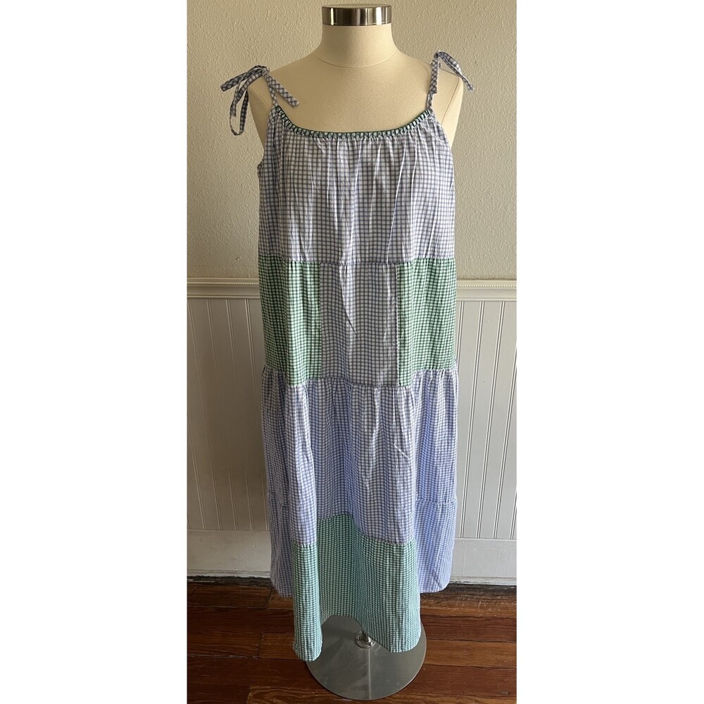 Women's Spaghetti Strap Tiered Maxi Dress Oversized Blue Green Gingham S/M